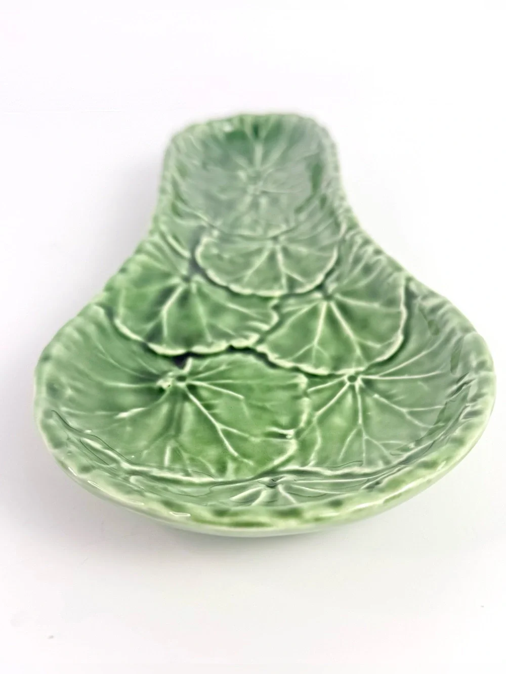 Vintage Ceramic Spoon Rest Olfaire Green Glazed Majolica Leaf Portugal Made